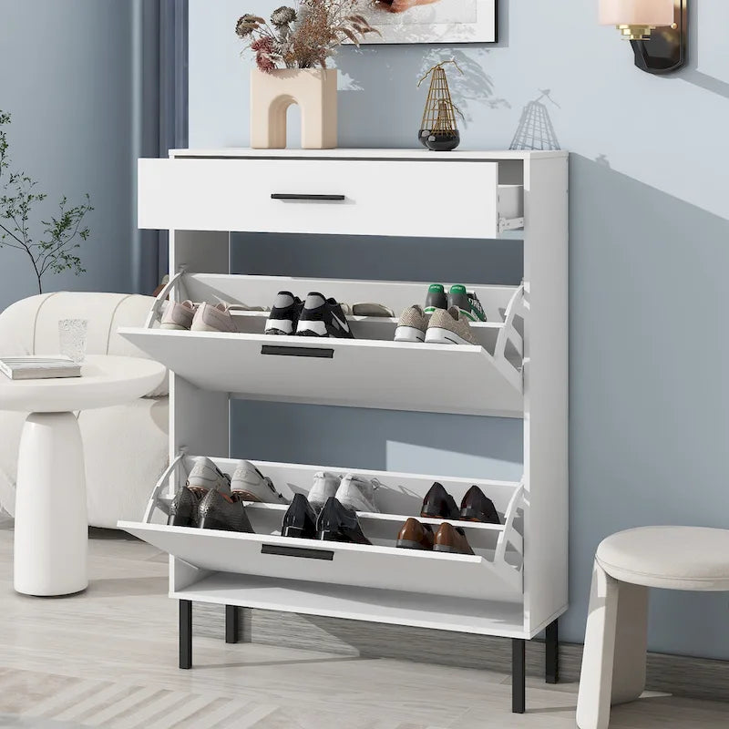 Freestanding Shoe Rack Storage Organizer with Drawers & Metal Legs, Modern Shoe Storage Cabinet with 2 Flip Drawers