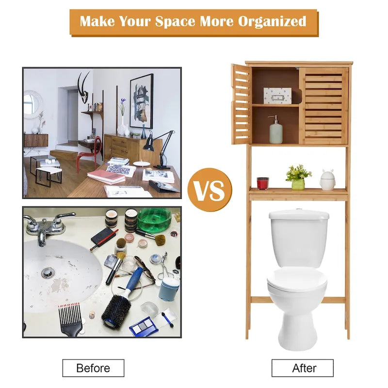 Bamboo Over-The-Toilet Organizer Cabinet | Freestanding Bathroom Storage Shelf with Doors & Shelves