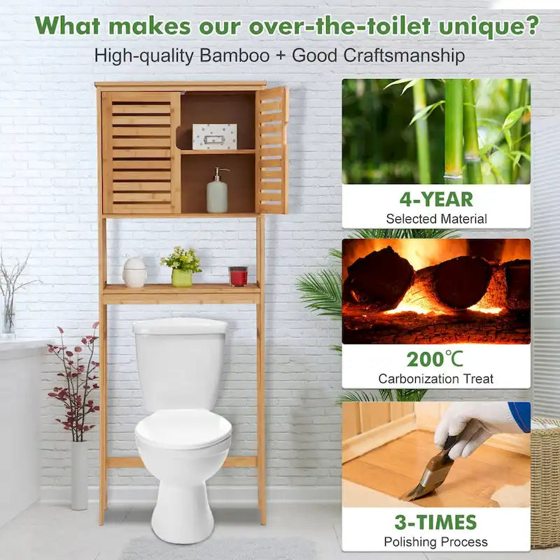 Bamboo Over-The-Toilet Organizer Cabinet | Freestanding Bathroom Storage Shelf with Doors & Shelves