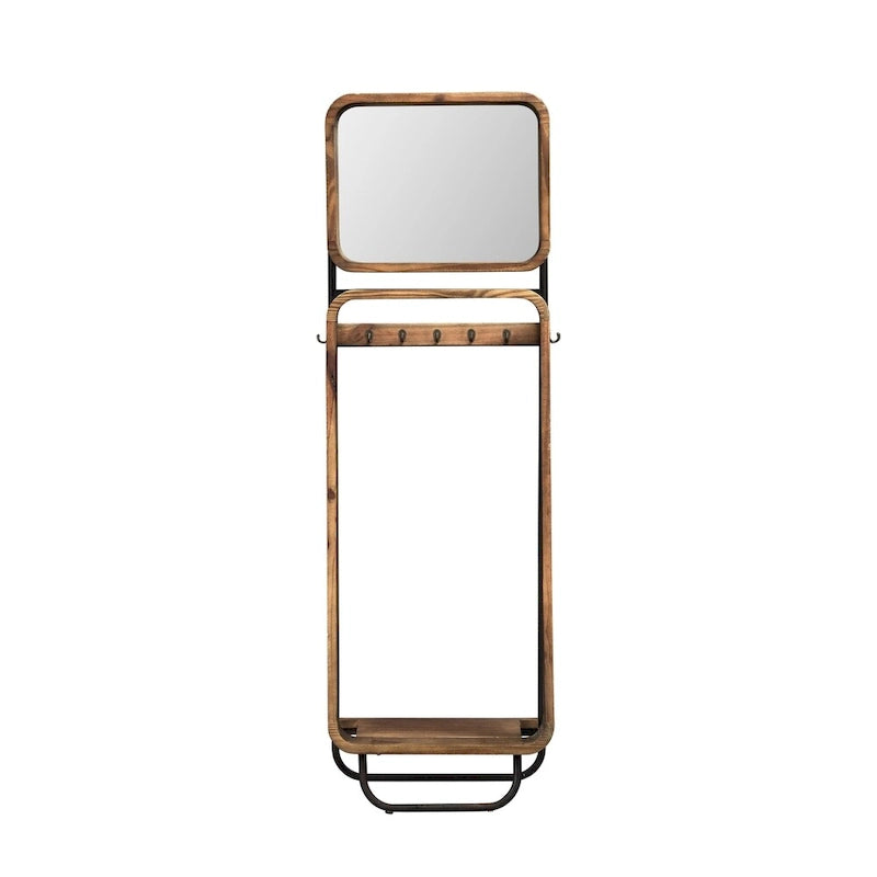 Industrial Wood & Metal Hall Tree | Entryway Coat Rack with Storage Hooks