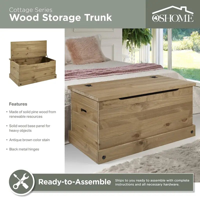 OS Home and Office Furniture Model COR440 Cottage Series Wood Storage Trunk in Corona Brown