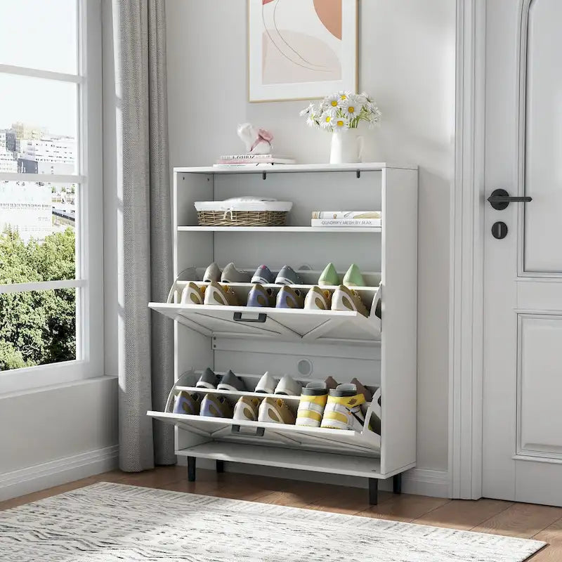 Shoe Storage Cabinet with Barn Door Design,Shoe Organizer with 2 Flip Drawers,Freestanding Shoe Rack Cabinet with Open Storage